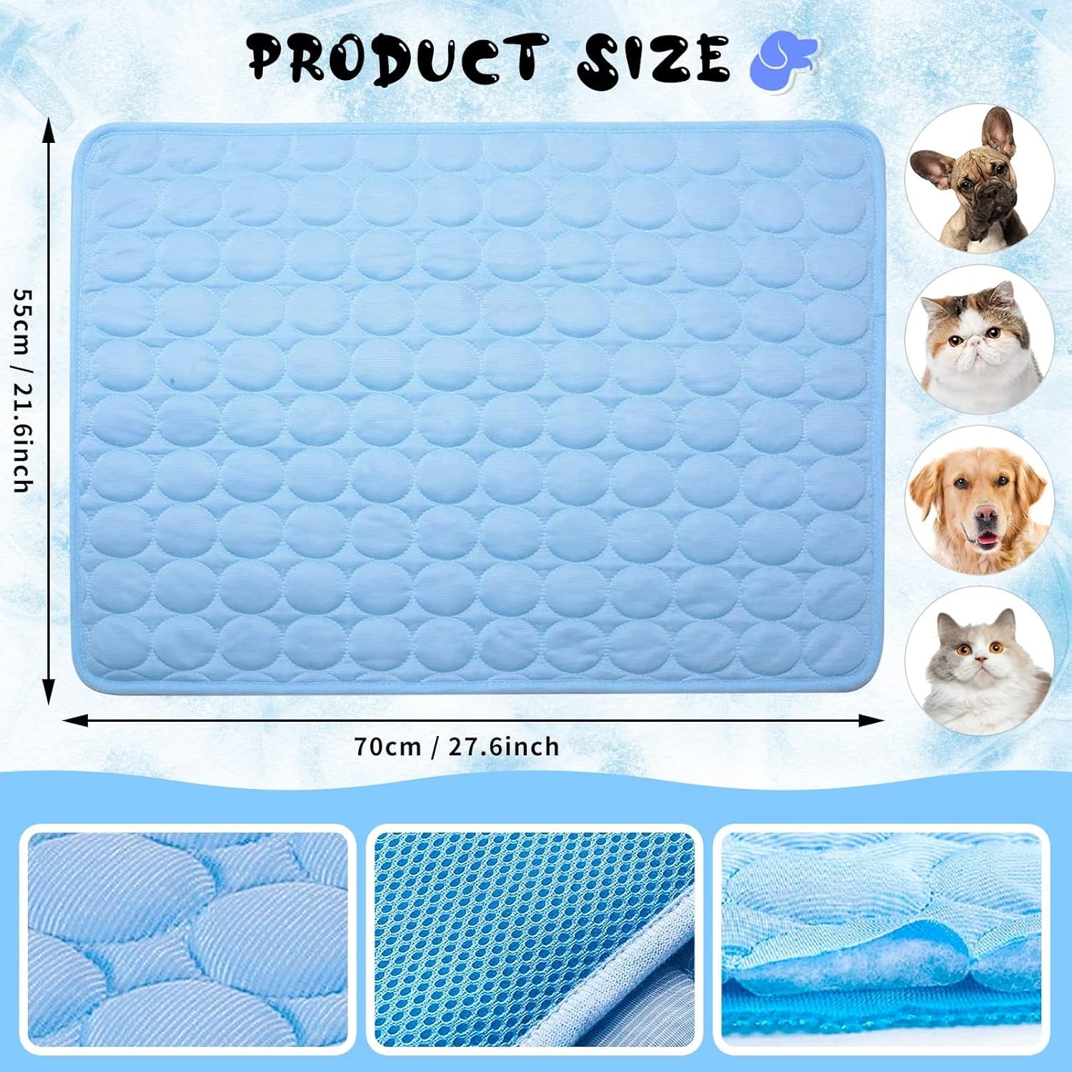 Pawaroo Cooling Mat for Dogs & Cats | 70 × 55 cm Washable Pet Chill Mat – Blue