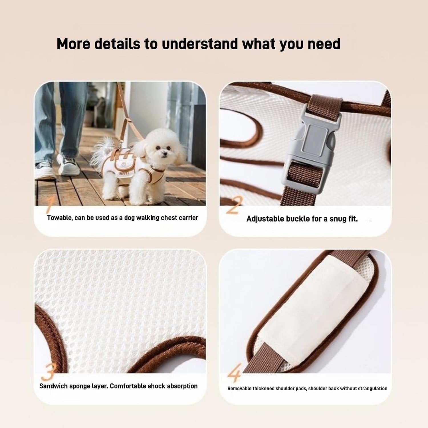 HIPIPET Dog Carrier Backpack, Portable Pet Shoulder Bag with Leash, for Small Dogs 1.8-8.2 Kg, Beige (Brown, S)
