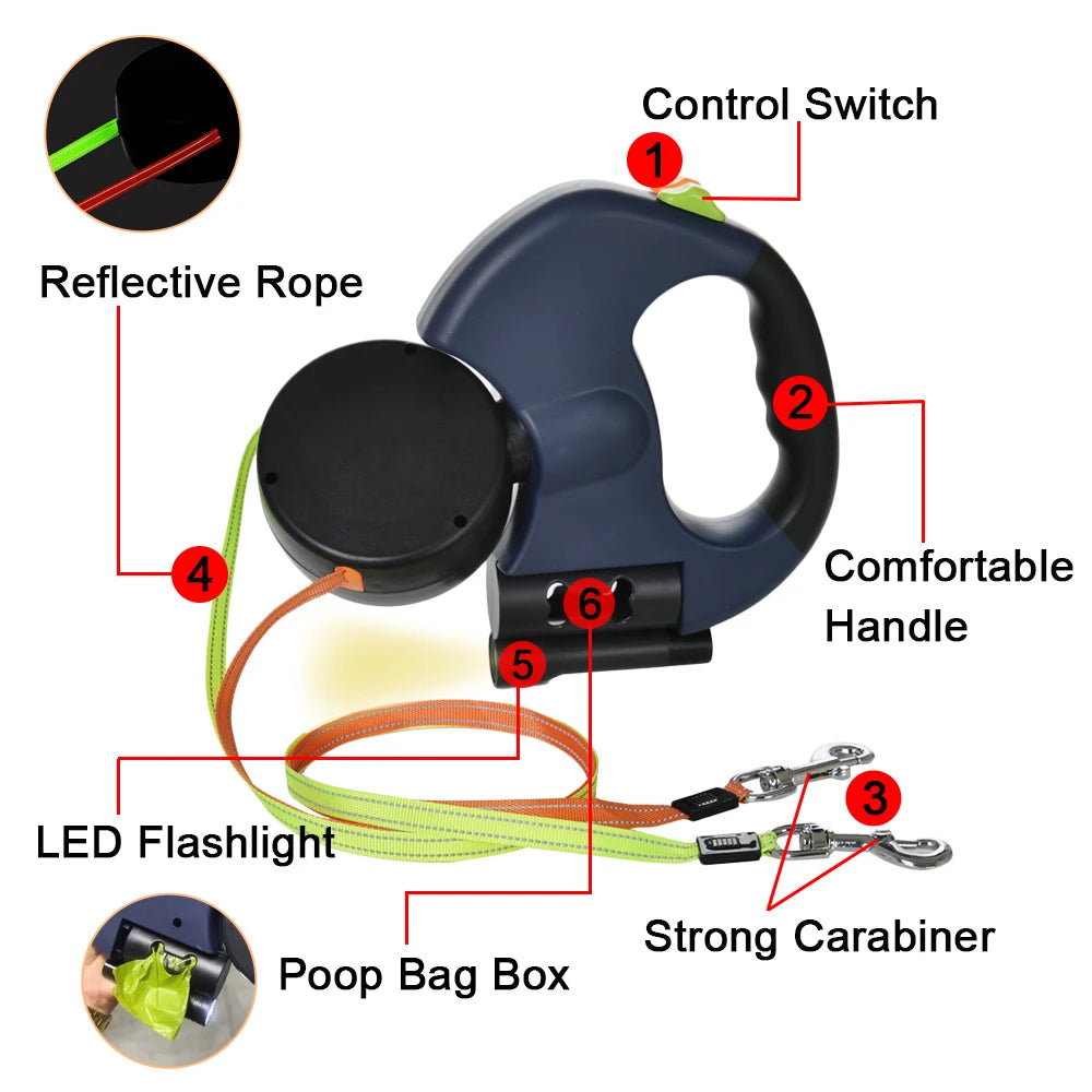 Pawaroo 3 m Dual Retractable Dog Leash | Reflective No-Tangle Lead with Lights