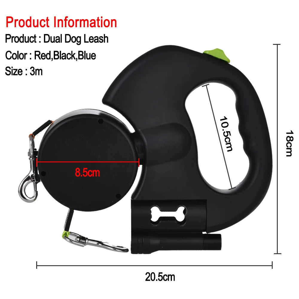 Pawaroo 3 m Dual Retractable Dog Leash | Reflective No-Tangle Lead with Lights